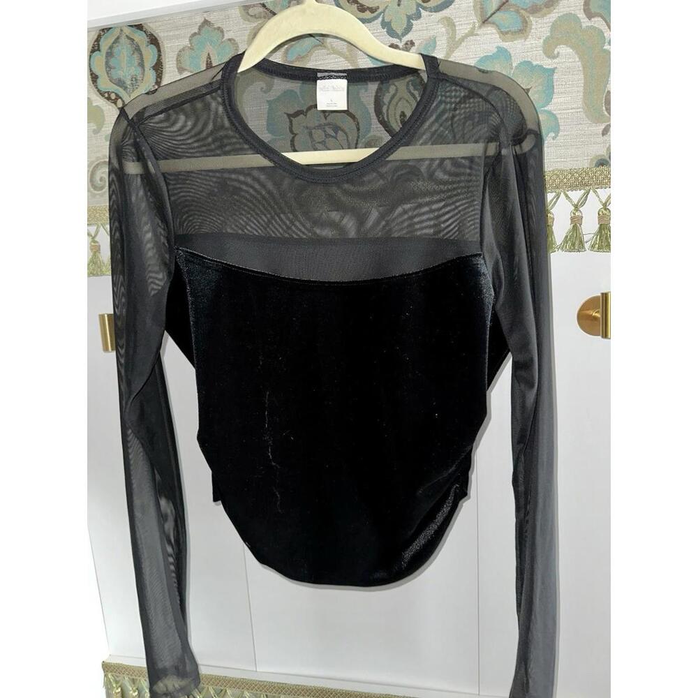 Wild Fable Women's Size Large Long Sleeve Mesh to Velour Party Top Black